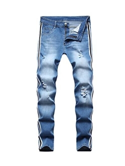 HUNGSON Men's Stretchy Ripped Skinny Biker Jeans Taped Slim Fit Denim Pants