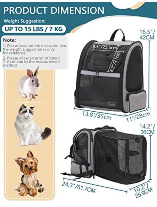 Petsfit Cat Backpack Carrier,Expandable Dog Backpacks Carriers with Great Ventilation,Fleece Mat and Portable Pet Travel Backpack for Hiking,Camping Hold Pets up to 15 lb