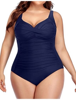 Yonique Women Plus Size One Piece Swimsuits Tummy Control Bathing Suits Twist Front Ruched Swimwear