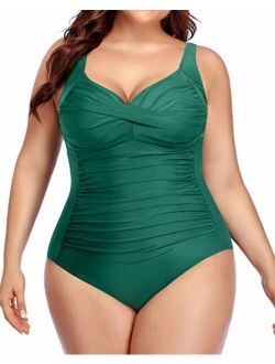 Yonique Women Plus Size One Piece Swimsuits Tummy Control Bathing Suits Twist Front Ruched Swimwear