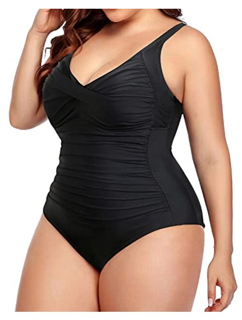 Yonique Women Plus Size One Piece Swimsuits Tummy Control Bathing Suits Twist Front Ruched Swimwear