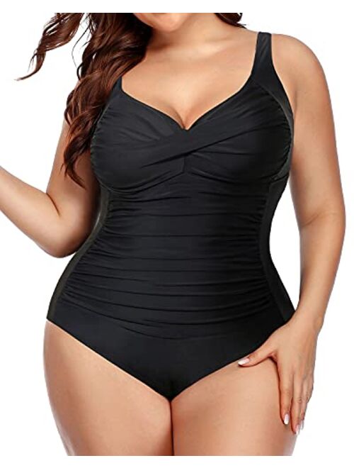 Yonique Women Plus Size One Piece Swimsuits Tummy Control Bathing Suits Twist Front Ruched Swimwear