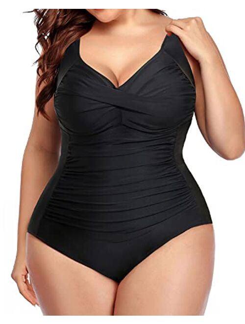 Yonique Women Plus Size One Piece Swimsuits Tummy Control Bathing Suits Twist Front Ruched Swimwear