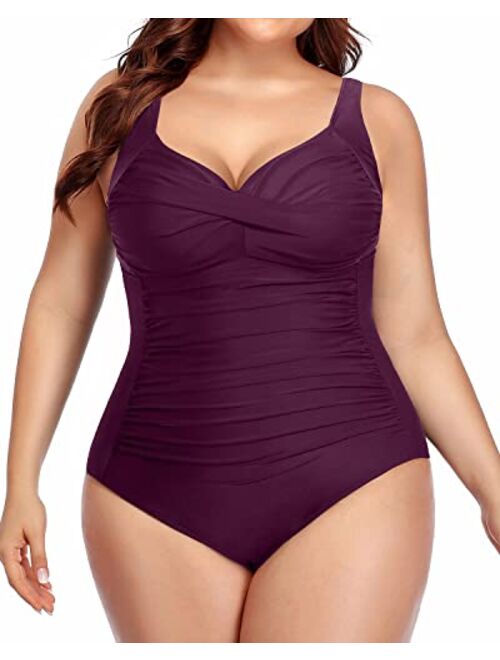 Yonique Women Plus Size One Piece Swimsuits Tummy Control Bathing Suits Twist Front Ruched Swimwear