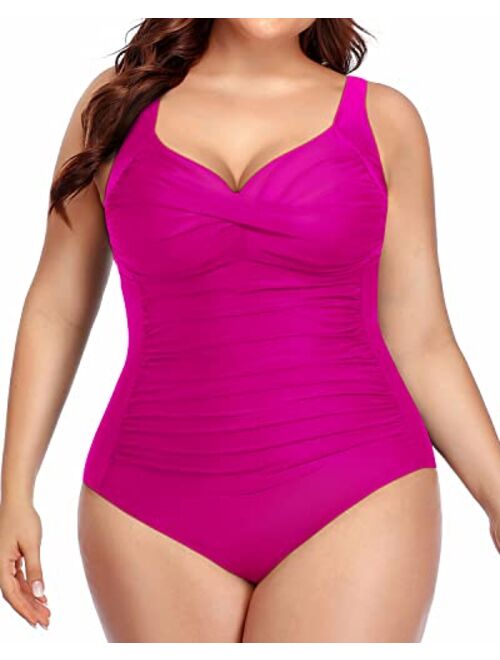 Yonique Women Plus Size One Piece Swimsuits Tummy Control Bathing Suits Twist Front Ruched Swimwear