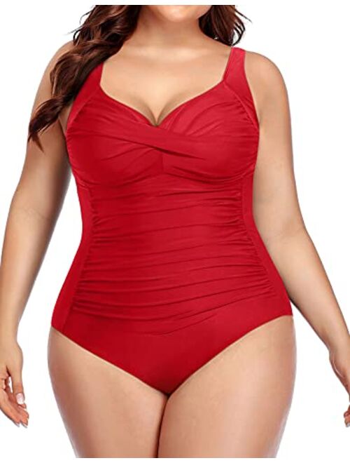 Yonique Women Plus Size One Piece Swimsuits Tummy Control Bathing Suits Twist Front Ruched Swimwear