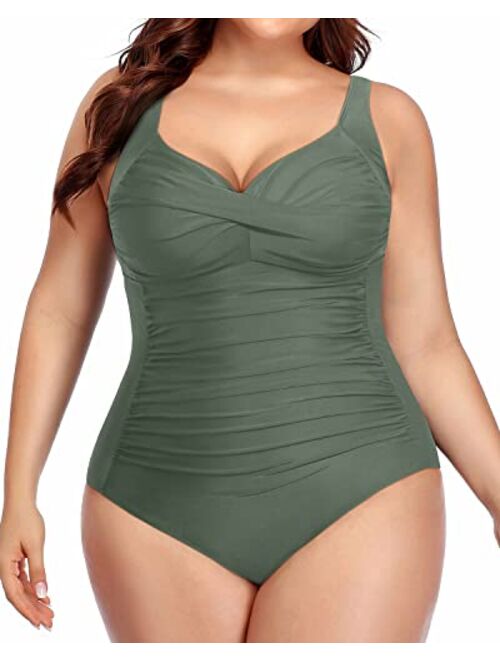 Yonique Women Plus Size One Piece Swimsuits Tummy Control Bathing Suits Twist Front Ruched Swimwear