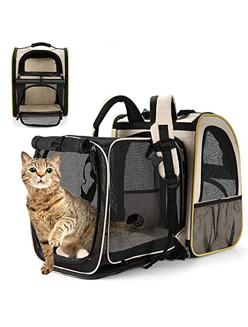 Farexon Dog Backpack, Cat Carrier Backpack, Expandable Backpack with Safety Clip, Breathable Mesh, Pet Travel Carrier with Safety Buckles, Pet Travel Bags for Hiking Trav