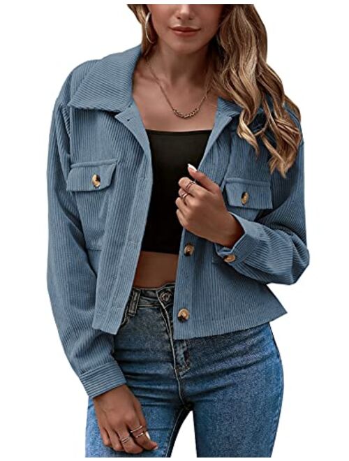 Gihuo Women's Fashion Cropped Shacket Button Down Corduroy Shacket Jackets