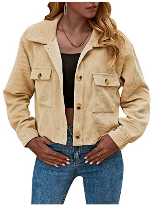 Gihuo Women's Fashion Cropped Shacket Button Down Corduroy Shacket Jackets