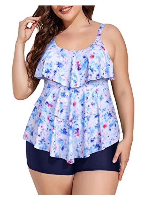 Yonique Womens Plus Size Tankini Swimsuits with Shorts Flounce Two Piece Bathing Suit Floral Printed Swimwear