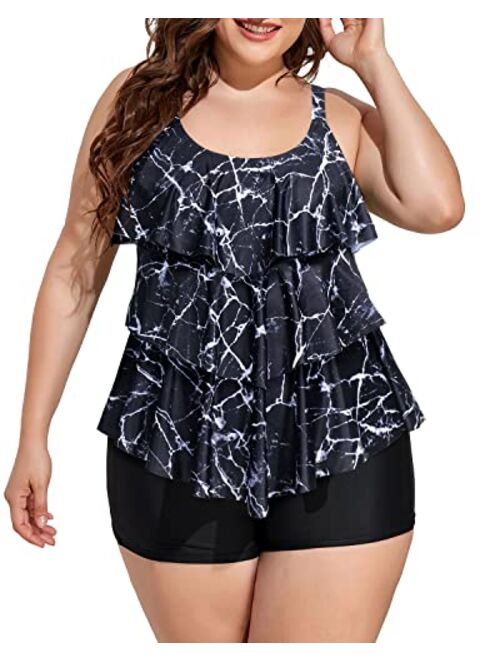 Yonique Womens Plus Size Tankini Swimsuits with Shorts Flounce Two Piece Bathing Suit Floral Printed Swimwear