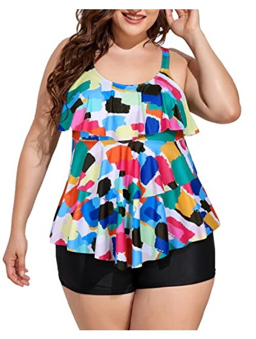 Yonique Womens Plus Size Tankini Swimsuits with Shorts Flounce Two Piece Bathing Suit Floral Printed Swimwear