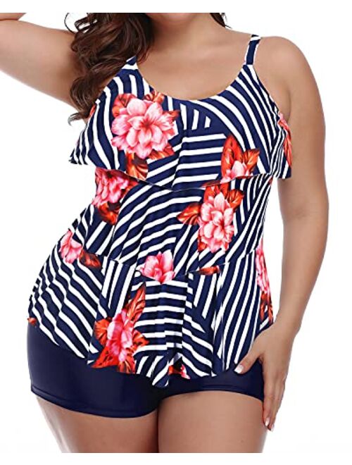 Yonique Womens Plus Size Tankini Swimsuits with Shorts Flounce Two Piece Bathing Suit Floral Printed Swimwear