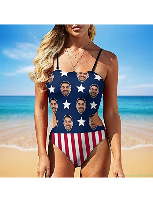 Interestprint Custom Face on American Flag Sexy Women's New Open Waist One Piece Swimsuits Personalized Swimwear Bathing Suit