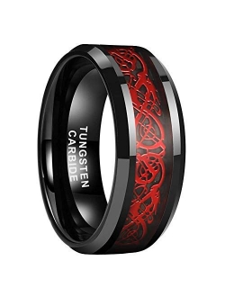 iTungsten 6mm 8mm Black Tungsten Carbide Rings for Men Women Wedding Bands Celtic Dragon Purple/Green/Red Carbon Fiber Inlay Beveled Edges Polished Comfort Fit