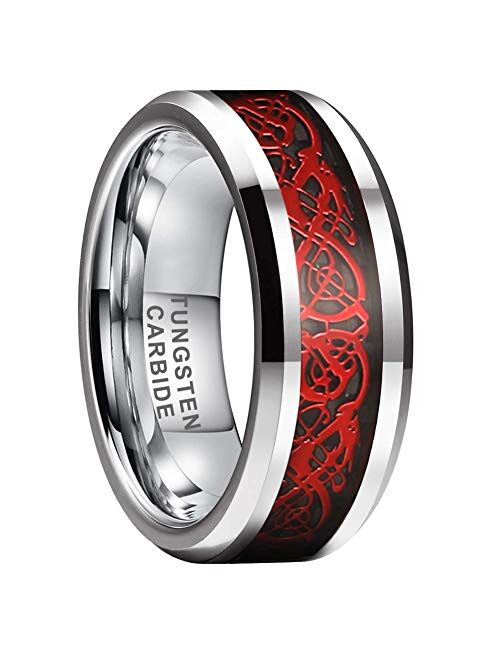 iTungsten 6mm 8mm Black Tungsten Carbide Rings for Men Women Wedding Bands Celtic Dragon Purple/Green/Red Carbon Fiber Inlay Beveled Edges Polished Comfort Fit