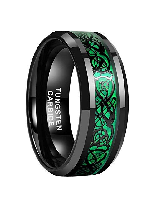 iTungsten 6mm 8mm Black Tungsten Carbide Rings for Men Women Wedding Bands Celtic Dragon Purple/Green/Red Carbon Fiber Inlay Beveled Edges Polished Comfort Fit