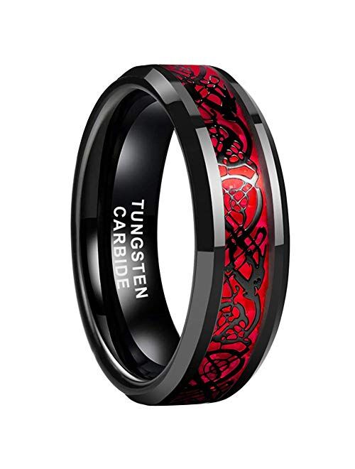 iTungsten 6mm 8mm Black Tungsten Carbide Rings for Men Women Wedding Bands Celtic Dragon Purple/Green/Red Carbon Fiber Inlay Beveled Edges Polished Comfort Fit