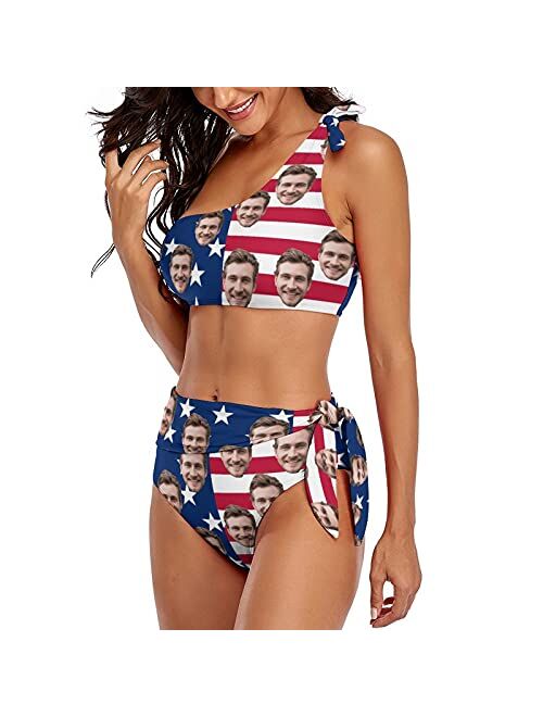 Interestprint Custom Seamless Face Swimwear Personalized One Shoulder Tie Crop Top & High-Waisted Bikini Funny Swimsuit