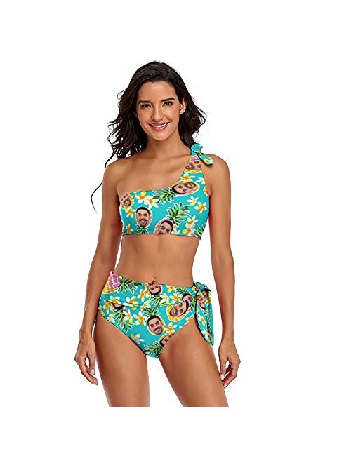 Interestprint Custom Seamless Face Swimwear Personalized One Shoulder Tie Crop Top & High-Waisted Bikini Funny Swimsuit