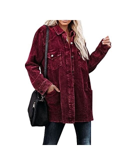 Hixiaohe Women's Casual Oversized Button Down Corduroy Shirt Jacket Coat Washed Retro Shacket