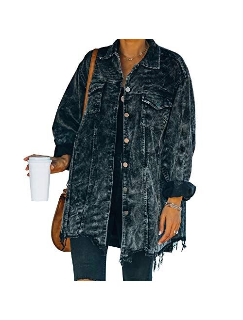 Hixiaohe Women's Casual Oversized Button Down Corduroy Shirt Jacket Coat Washed Retro Shacket