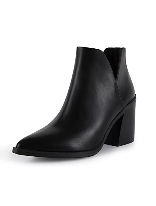 FISACE Womens Pointed Toe Stacked Mid Heel Ankle Boots V Cut Back Zipper Faux Leather Booties