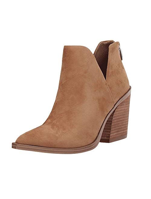 FISACE Womens Pointed Toe Stacked Mid Heel Ankle Boots V Cut Back Zipper Faux Leather Booties