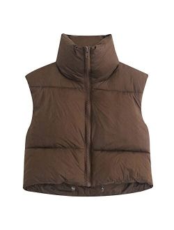 Hixiaohe Women's Winter Crop Vest Puffer Lightweight Stand Collar Padded Vest Zip Up Sleeveless Jacket