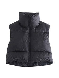 Hixiaohe Women's Winter Crop Vest Puffer Lightweight Stand Collar Padded Vest Zip Up Sleeveless Jacket