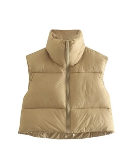 Hixiaohe Women's Winter Crop Vest Puffer Lightweight Stand Collar Padded Vest Zip Up Sleeveless Jacket