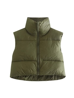 Hixiaohe Women's Winter Crop Vest Puffer Lightweight Stand Collar Padded Vest Zip Up Sleeveless Jacket