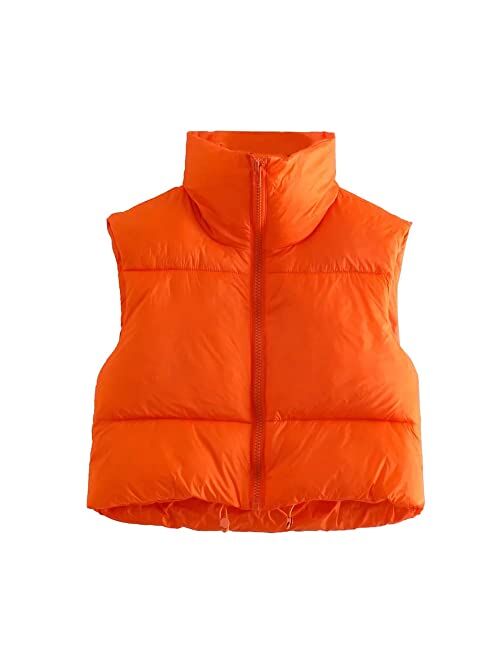 Hixiaohe Women's Winter Crop Vest Puffer Lightweight Stand Collar Padded Vest Zip Up Sleeveless Jacket