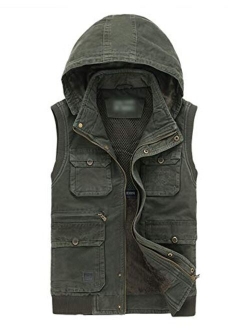 Flygo Men's Thickened Sherpa Lined Fishing Vest Outdoor Winter Warm Jacket with Removable Hood