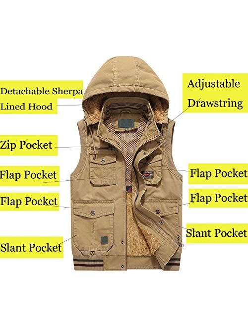 Flygo Men's Thickened Sherpa Lined Fishing Vest Outdoor Winter Warm Jacket with Removable Hood