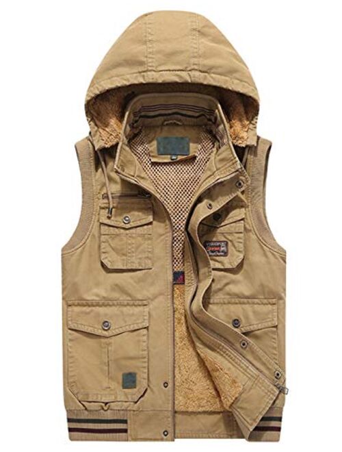 Flygo Men's Thickened Sherpa Lined Fishing Vest Outdoor Winter Warm Jacket with Removable Hood