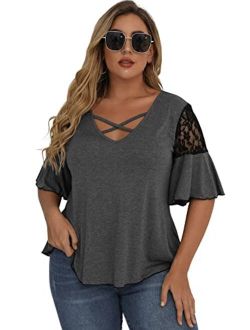 Women's Plus Size Elegant Short Sleeve Work Office Lace Deep V Neck Flounce Blouse