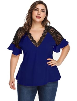 Women's Plus Size Elegant Short Sleeve Work Office Lace Deep V Neck Flounce Blouse