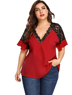 Women's Plus Size Elegant Short Sleeve Work Office Lace Deep V Neck Flounce Blouse