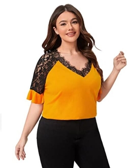 Women's Plus Size Elegant Short Sleeve Work Office Lace Deep V Neck Flounce Blouse