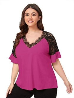 Women's Plus Size Elegant Short Sleeve Work Office Lace Deep V Neck Flounce Blouse