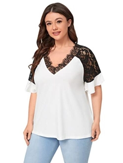 Women's Plus Size Elegant Short Sleeve Work Office Lace Deep V Neck Flounce Blouse