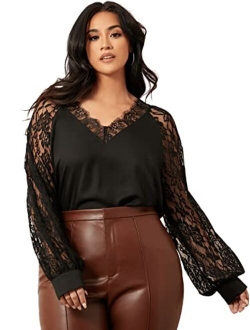 Women's Plus Size Elegant Short Sleeve Work Office Lace Deep V Neck Flounce Blouse