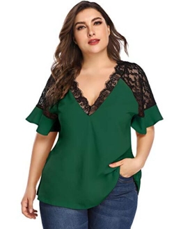 Women's Plus Size Elegant Short Sleeve Work Office Lace Deep V Neck Flounce Blouse