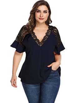 Women's Plus Size Elegant Short Sleeve Work Office Lace Deep V Neck Flounce Blouse