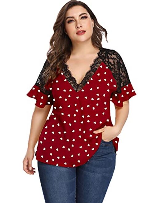 Romwe Women's Plus Size Elegant Short Sleeve Work Office Lace Deep V Neck Flounce Blouse