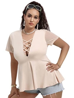 Women's Plus Size Sexy Criss Cross V Neck Short Sleeve Babydoll Peplum Top Blouse Shirts