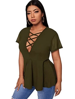 Women's Plus Size Sexy Criss Cross V Neck Short Sleeve Babydoll Peplum Top Blouse Shirts