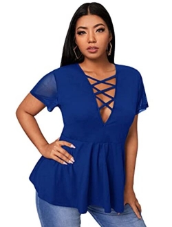 Women's Plus Size Sexy Criss Cross V Neck Short Sleeve Babydoll Peplum Top Blouse Shirts